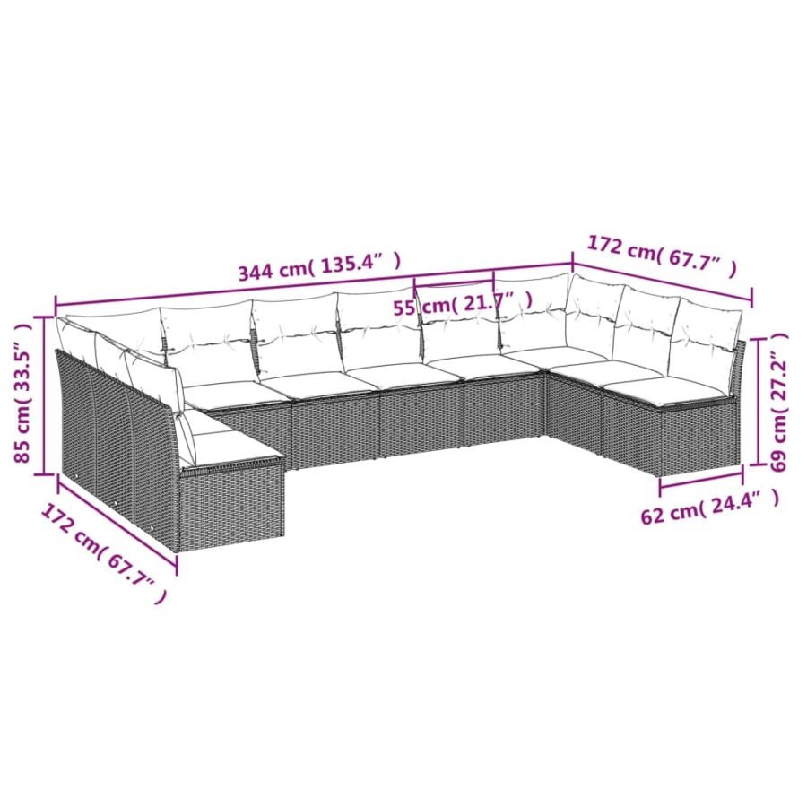 10-delige Loungeset met kussens poly rattan beige - Afbeelding 3