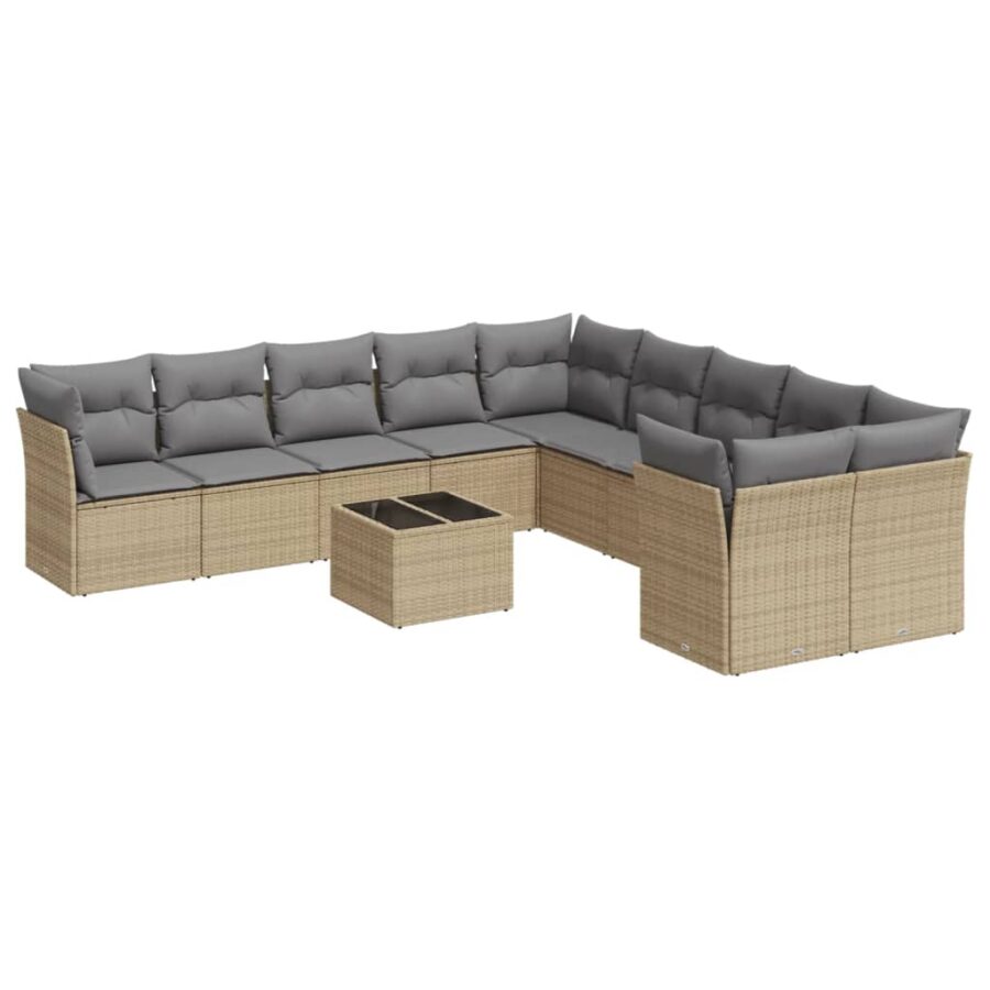 11-delige Tuinset met kussens poly rattan beige - Afbeelding 2
