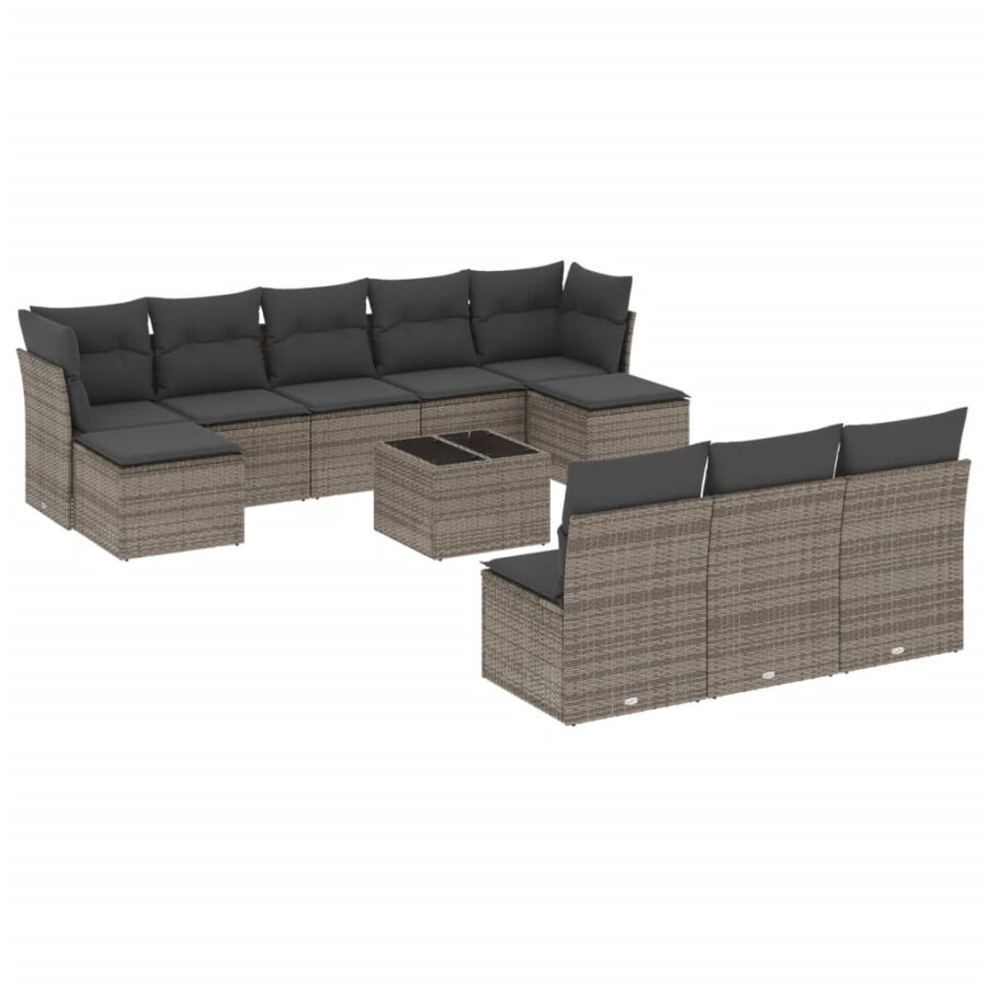 11-delige Loungeset met kussens poly rattan grijs - Afbeelding 2