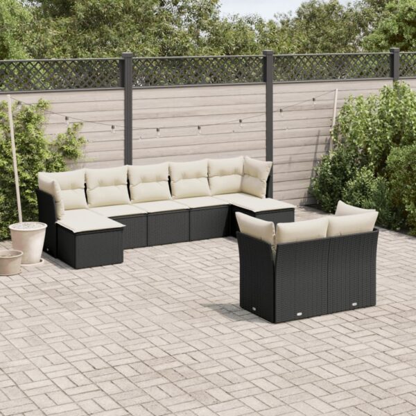 9-delige Loungeset met kussens poly rattan zwart