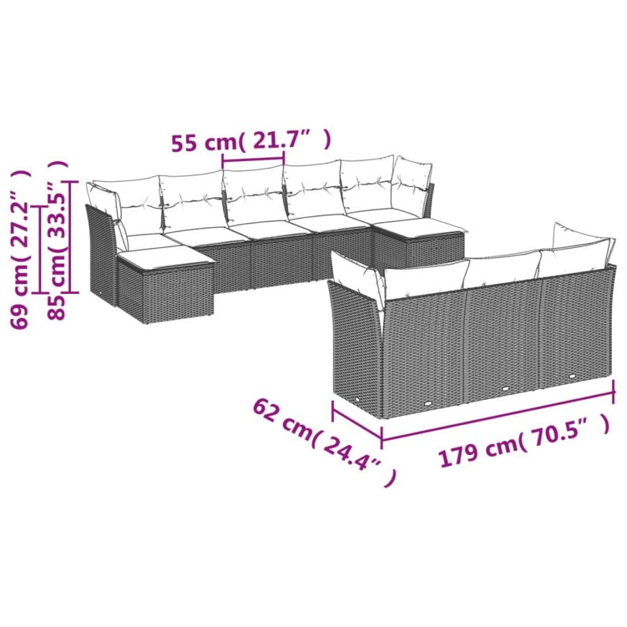 10-delige Loungeset met kussens poly rattan zwart - Afbeelding 7