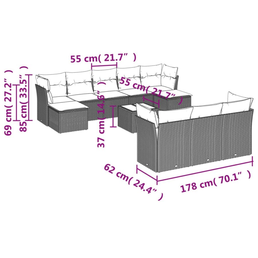 11-delige Loungeset met kussens poly rattan grijs - Afbeelding 8