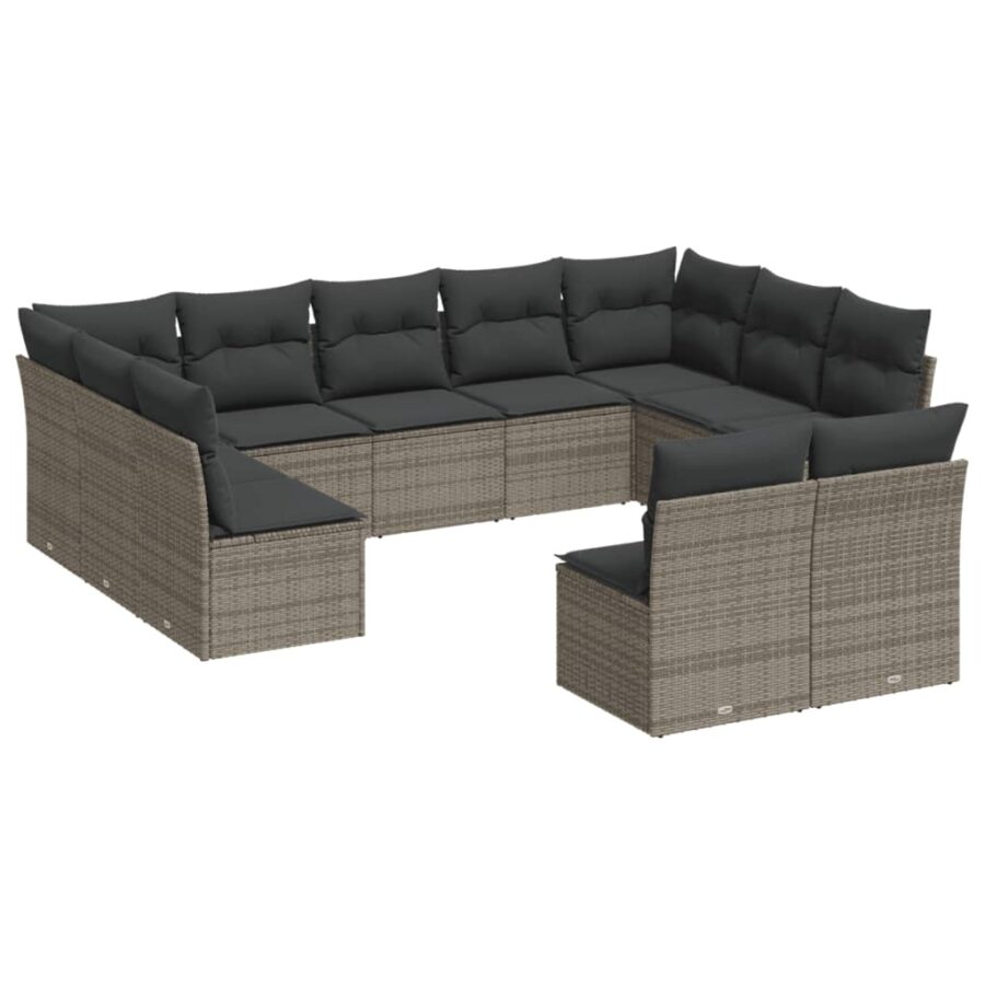 11-delige Loungeset met kussens poly rattan grijs - Afbeelding 2