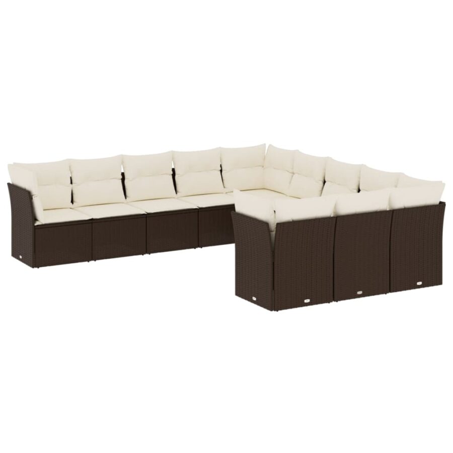 11-delige Loungeset met kussens poly rattan bruin - Afbeelding 2