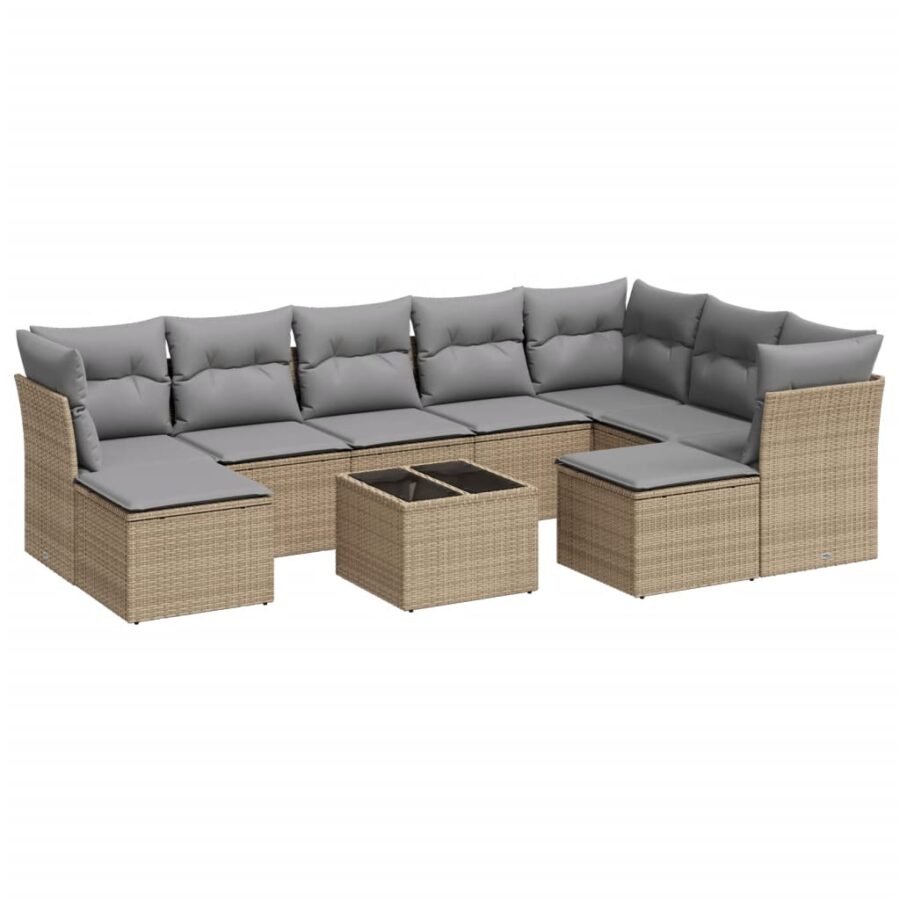 10-delige Loungeset met kussens poly rattan beige - Afbeelding 2