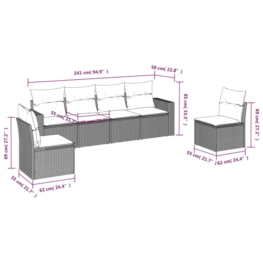 6-delige Loungeset met kussens poly rattan bruin - Afbeelding 3