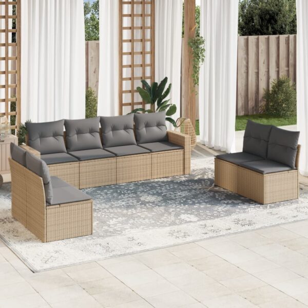 9-delige Loungeset met kussens poly rattan beige