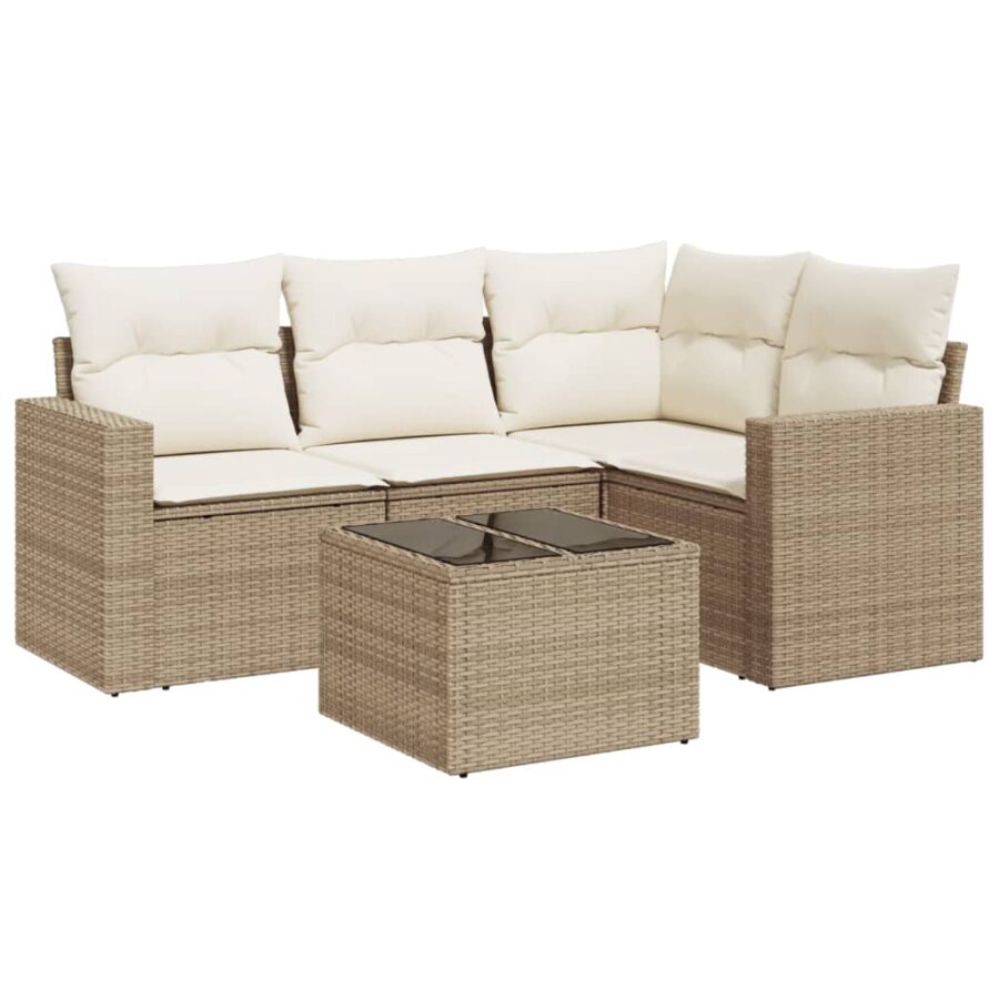 5-delige Loungeset met kussens poly rattan beige - Afbeelding 2
