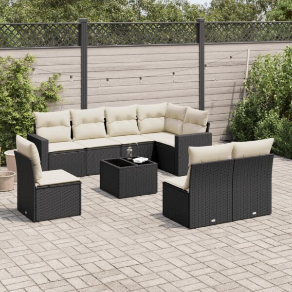 9-delige Loungeset met kussens poly rattan zwart