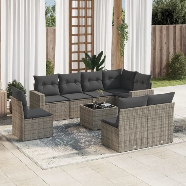 9-delige Loungeset met kussens poly rattan grijs