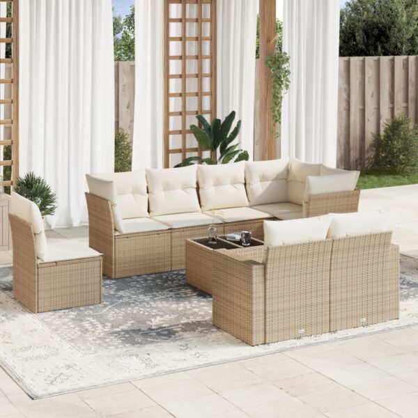 9-delige Loungeset met kussens poly rattan beige