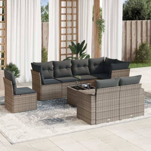 9-delige Loungeset met kussens poly rattan grijs