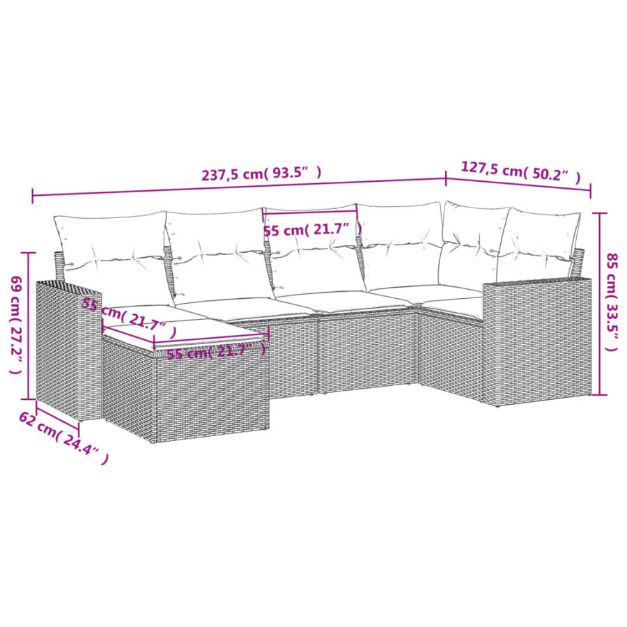 6-delige Loungeset met kussens poly rattan bruin - Afbeelding 3