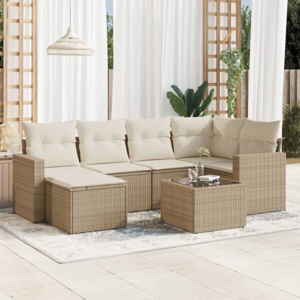 7-delige Loungeset met kussens poly rattan beige