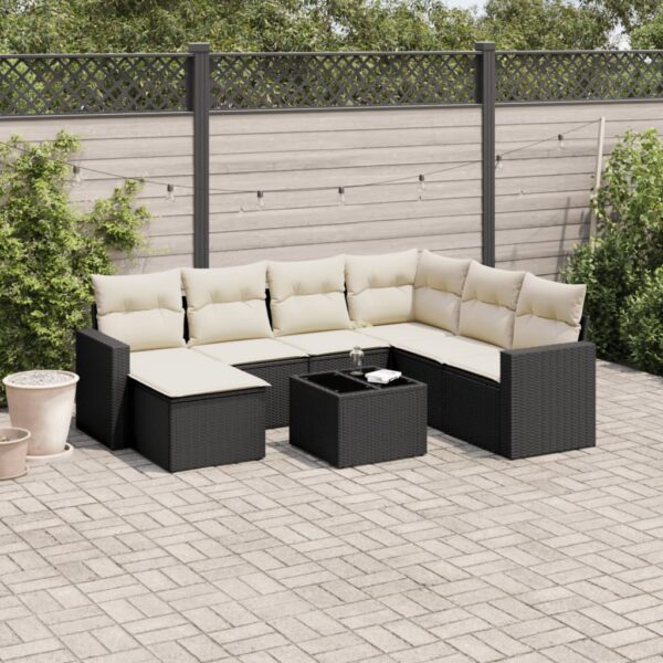 8-delige Loungeset met kussens poly rattan zwart