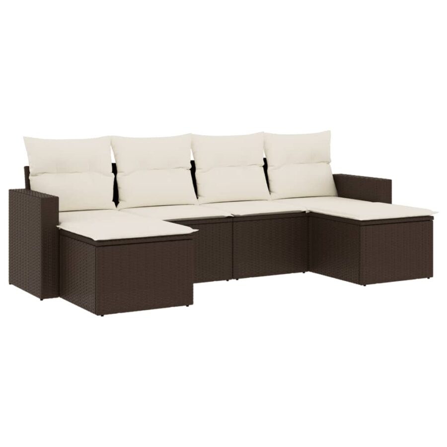 6-delige Loungeset met kussens poly rattan bruin - Afbeelding 2