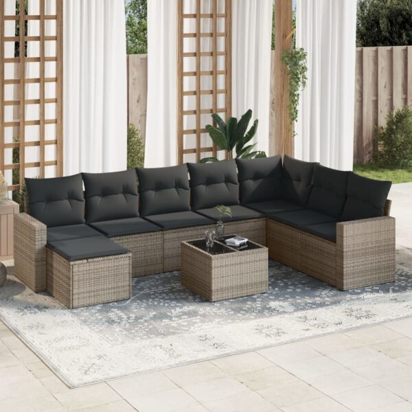 9-delige Loungeset met kussens poly rattan grijs