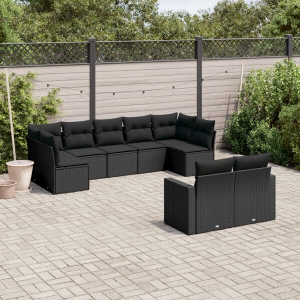 9-delige Loungeset met kussens poly rattan zwart