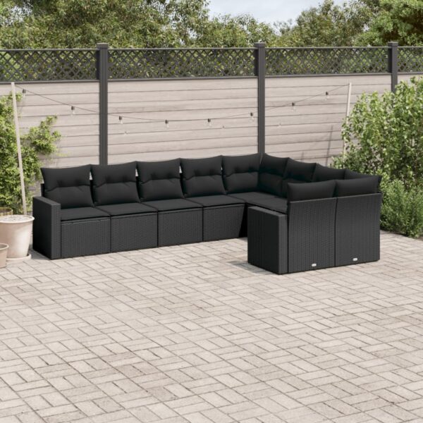 9-delige Loungeset met kussens poly rattan zwart