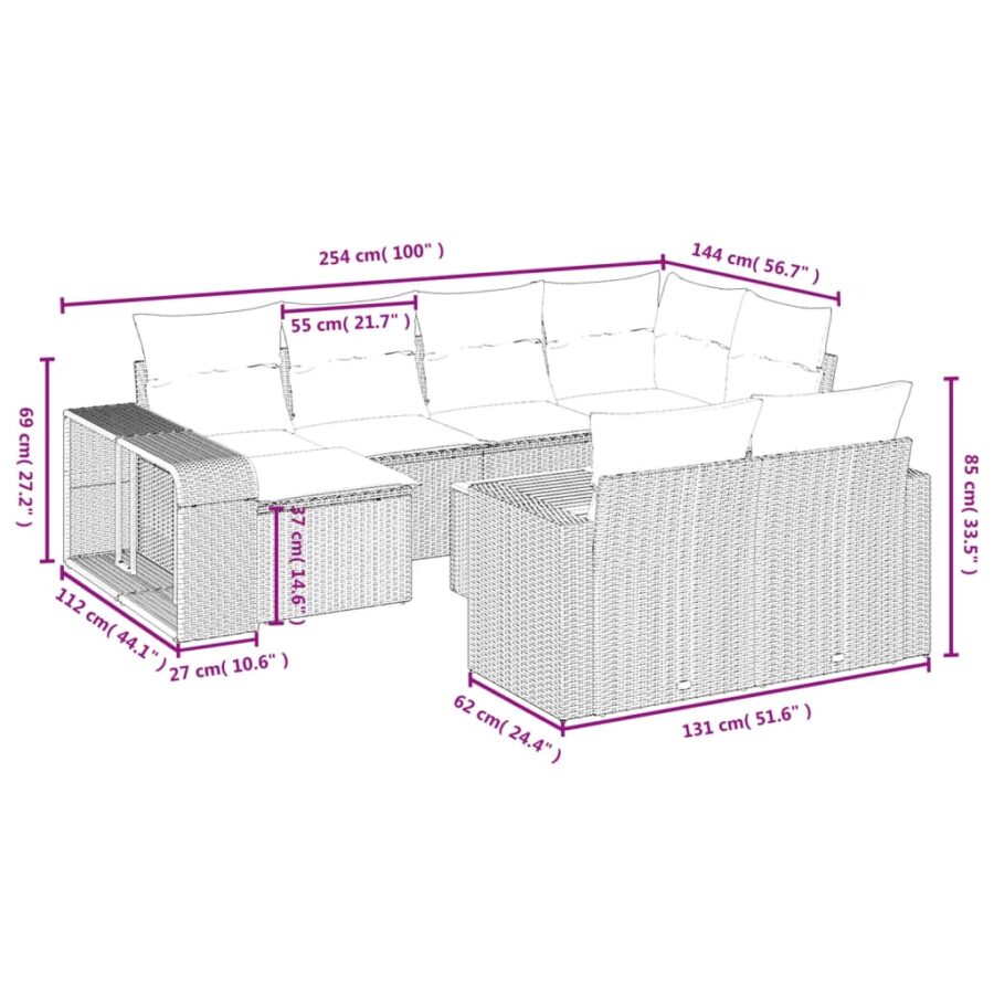 11-delige Loungeset met kussens poly rattan grijs - Afbeelding 10