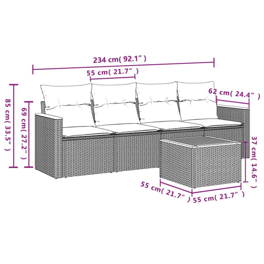 5-delige Loungeset met kussens poly rattan beige - Afbeelding 7