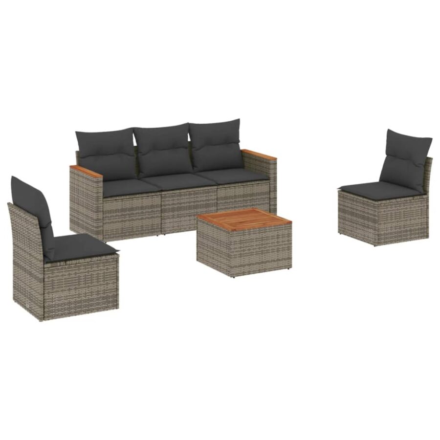6-delige Loungeset met kussens poly rattan grijs - Afbeelding 2