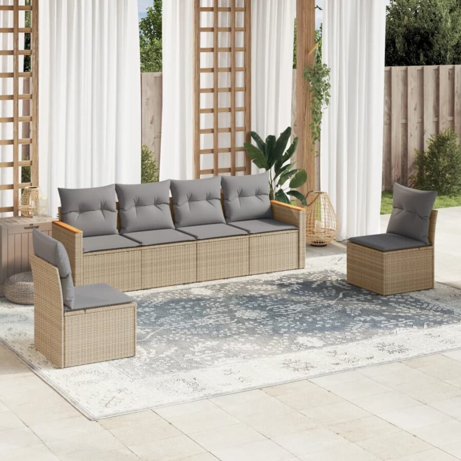 6-delige Loungeset met kussens poly rattan gemengd beige