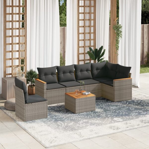 7-delige Loungeset met kussens poly rattan grijs