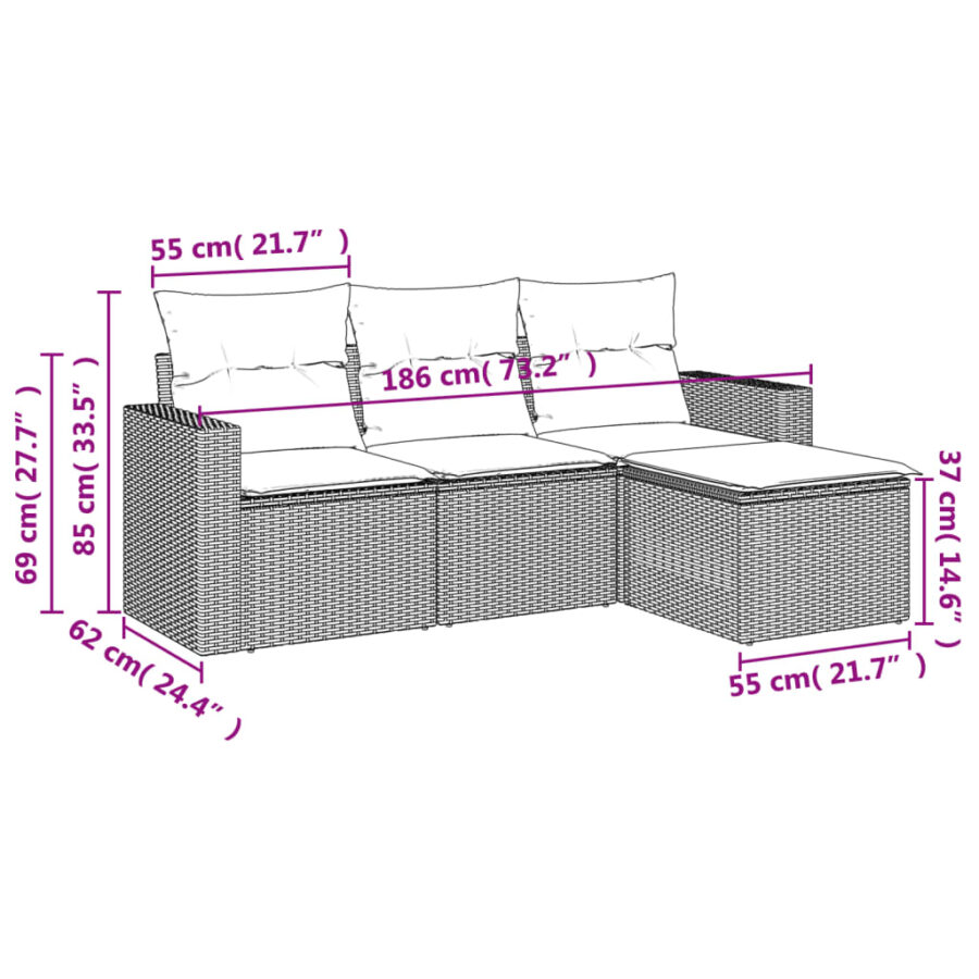 4-delige Loungeset met kussens poly rattan bruin - Afbeelding 3