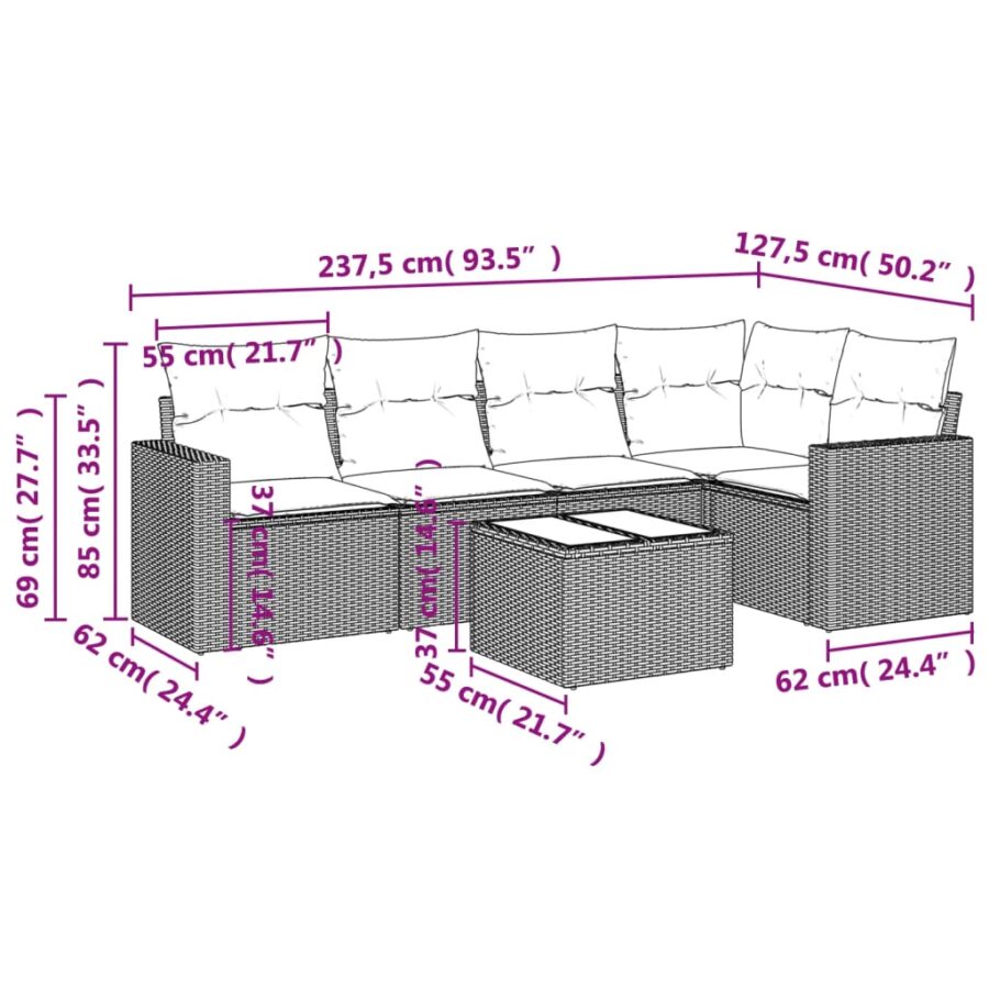 6-delige Loungeset met kussens poly rattan zwart - Afbeelding 3