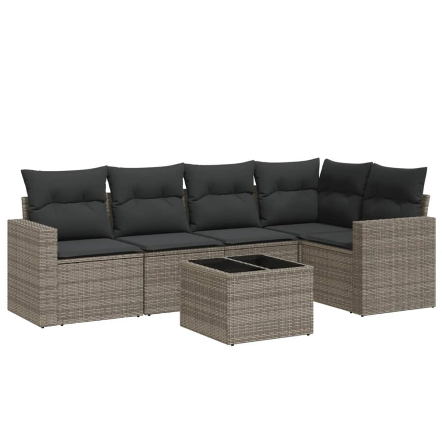 6-delige Loungeset met kussens poly rattan grijs - Afbeelding 2