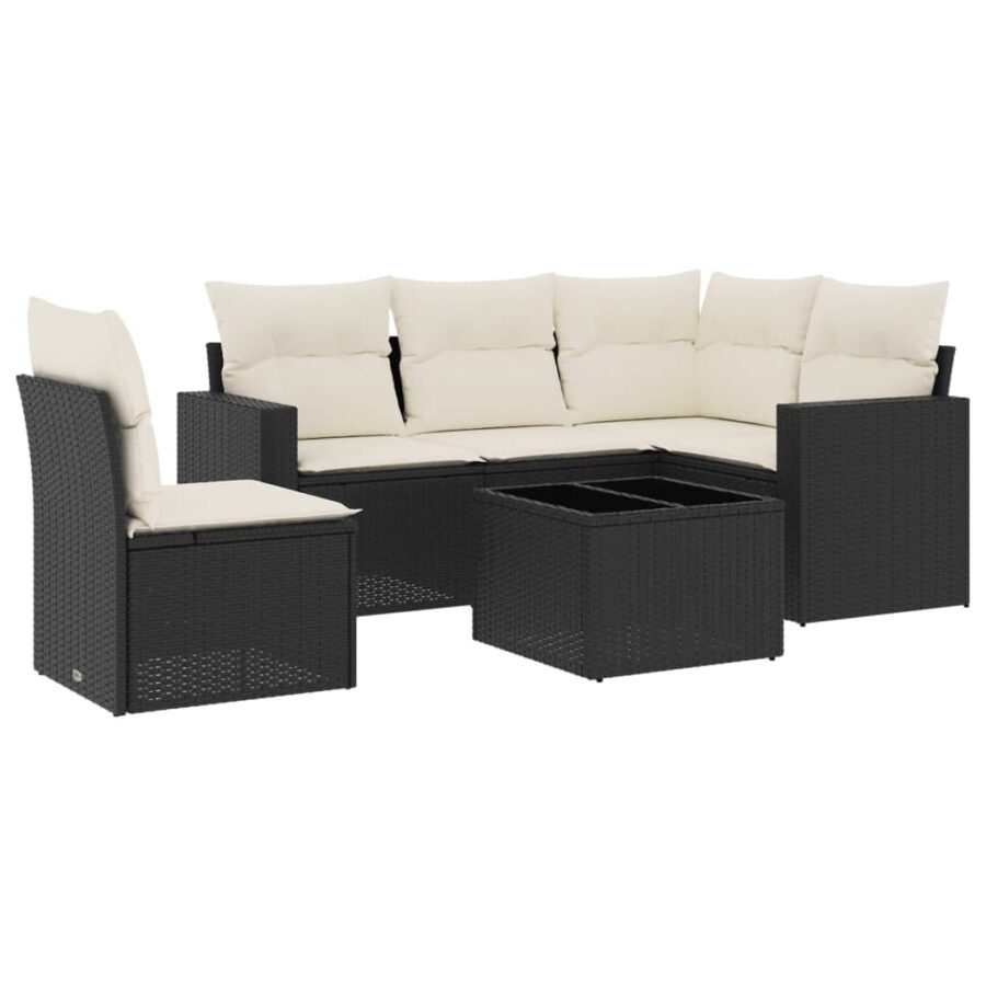 6-delige Loungeset met kussens poly rattan zwart - Afbeelding 2