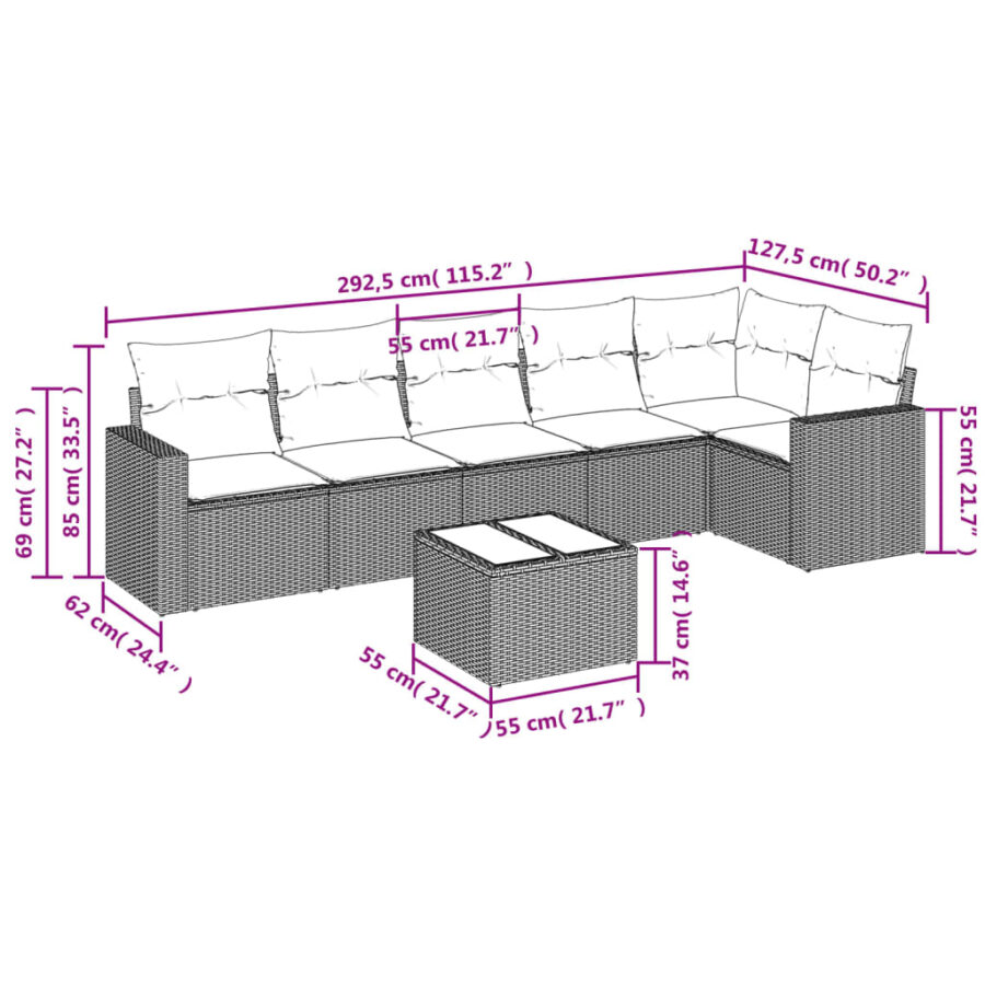 7-delige Loungeset met kussens poly rattan beige - Afbeelding 3
