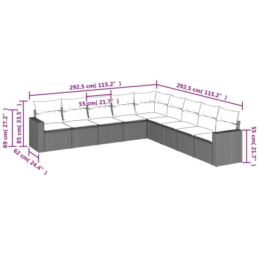 9-delige Loungeset met kussens poly rattan grijs - Afbeelding 3