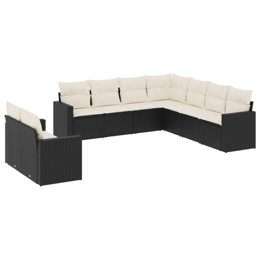 9-delige Loungeset met kussens poly rattan zwart - Afbeelding 2