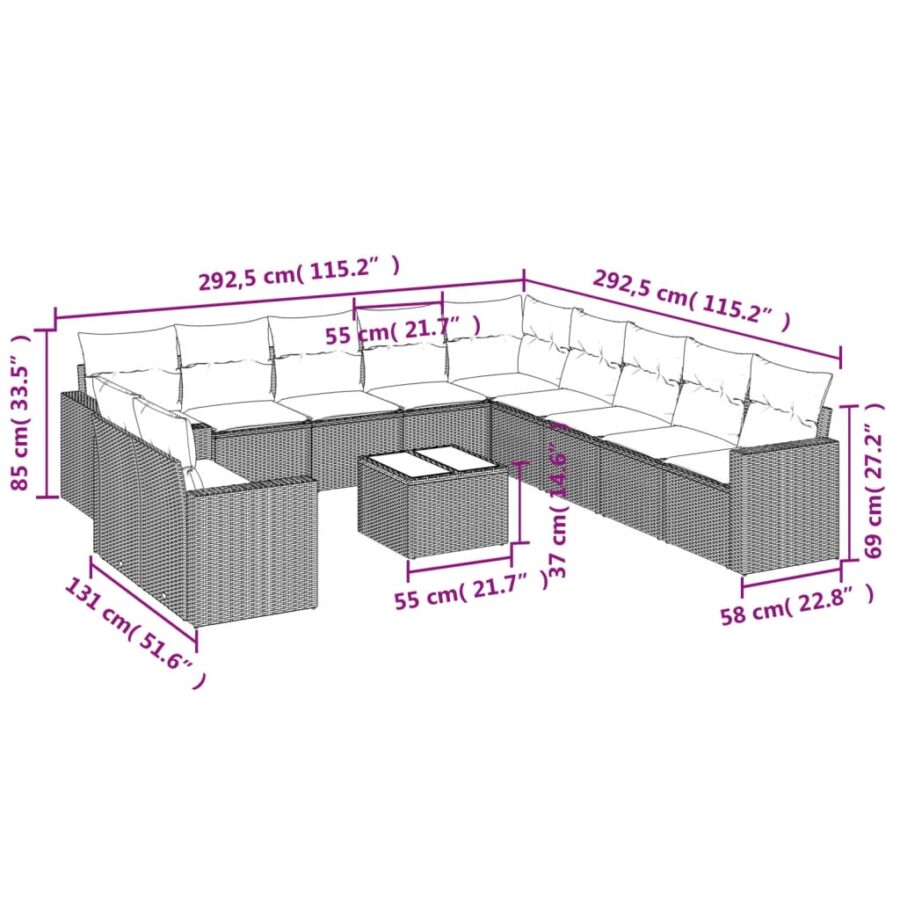12-delige Loungeset met kussens poly rattan grijs - Afbeelding 3