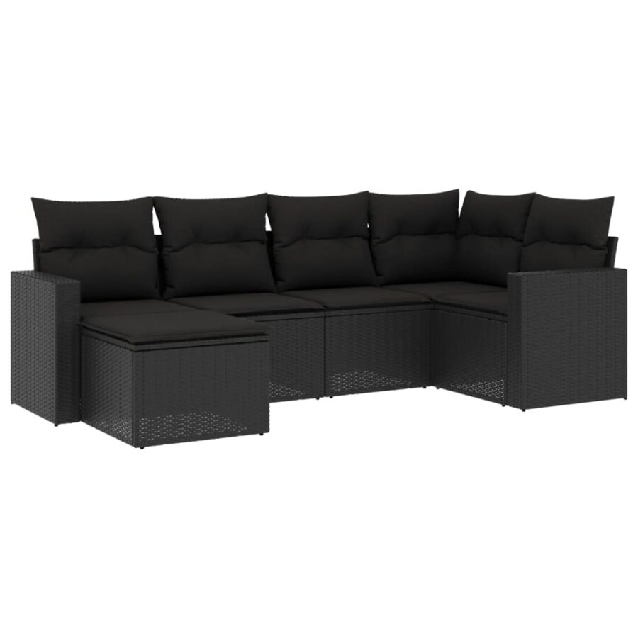 6-delige Loungeset met kussens poly rattan zwart - Afbeelding 2