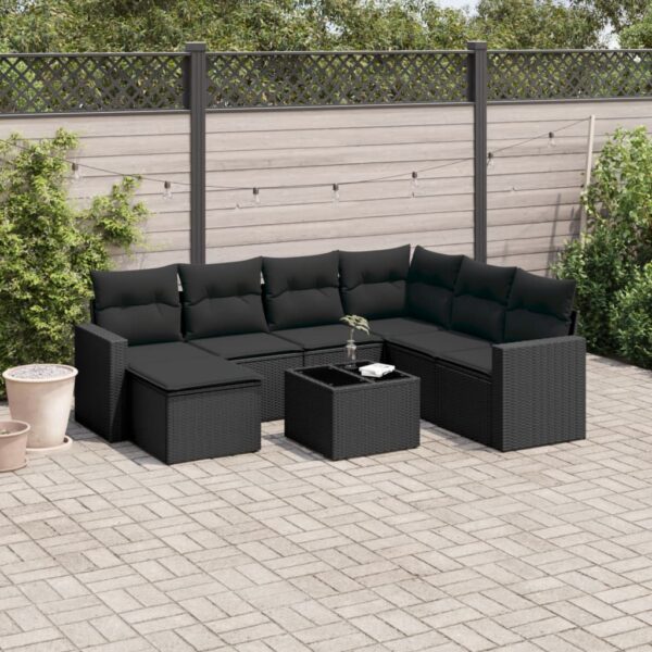 8-delige Loungeset met kussens poly rattan zwart