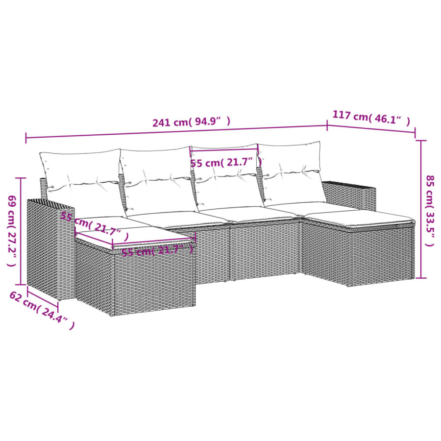 6-delige Loungeset met kussens poly rattan grijs - Afbeelding 3