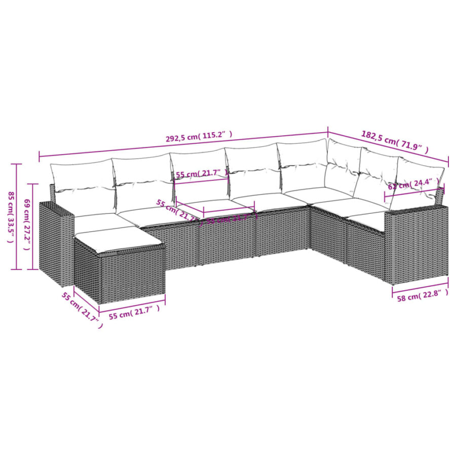 8-delige Loungeset met kussens poly rattan lichtgrijs - Afbeelding 3