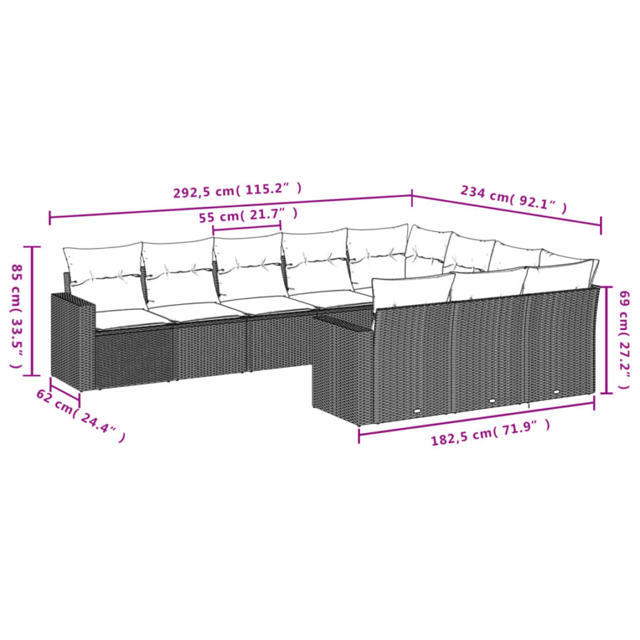 10-delige Loungeset met kussens poly rattan beige - Afbeelding 3