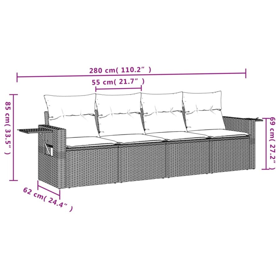 4-delige Loungeset met kussens poly rattan zwart - Afbeelding 3