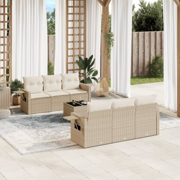 7-delige Loungeset met kussens poly rattan beige