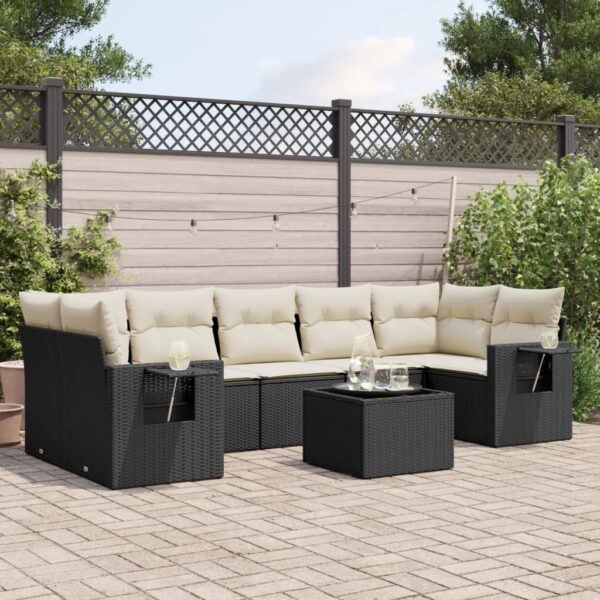 8-delige Loungeset met kussens poly rattan zwart