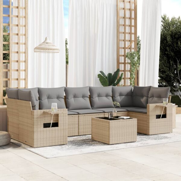 8-delige Loungeset met kussens poly rattan beige