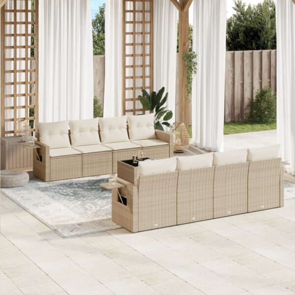 9-delige Loungeset met kussens poly rattan beige
