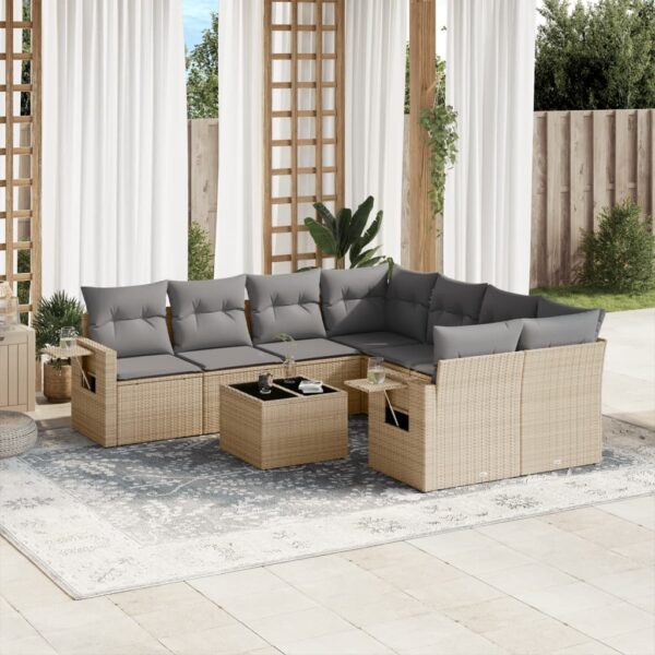 9-delige Loungeset met kussens poly rattan beige