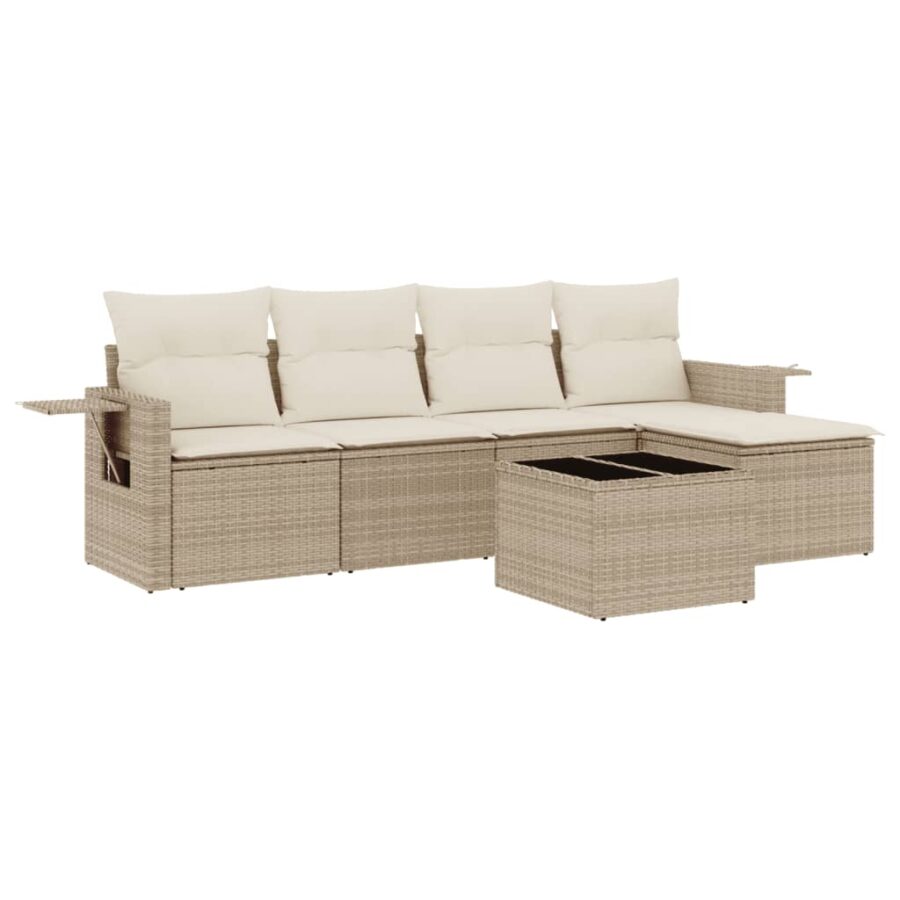 6-delige Loungeset met kussens poly rattan beige - Afbeelding 2