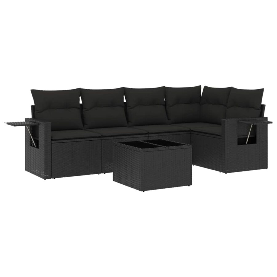 6-delige Loungeset met kussens poly rattan zwart - Afbeelding 2
