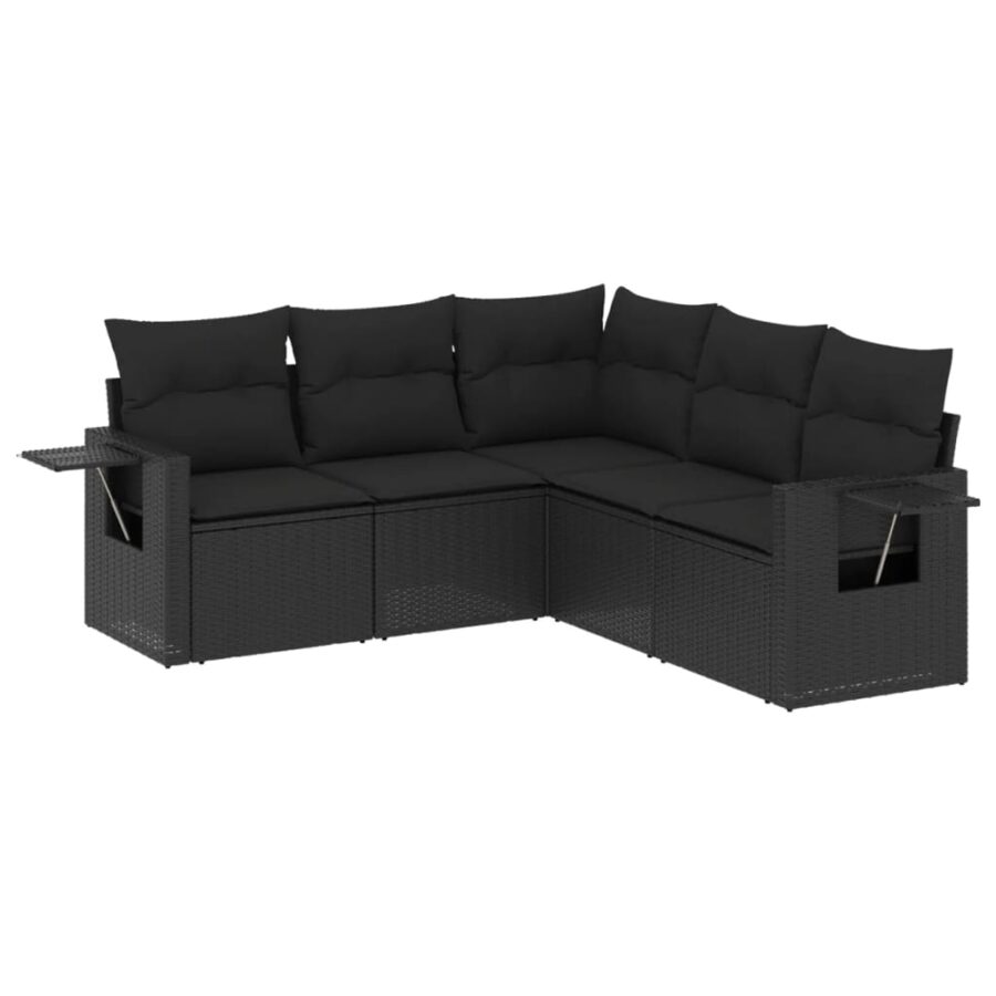 5-delige Loungeset met kussens poly rattan zwart - Afbeelding 2